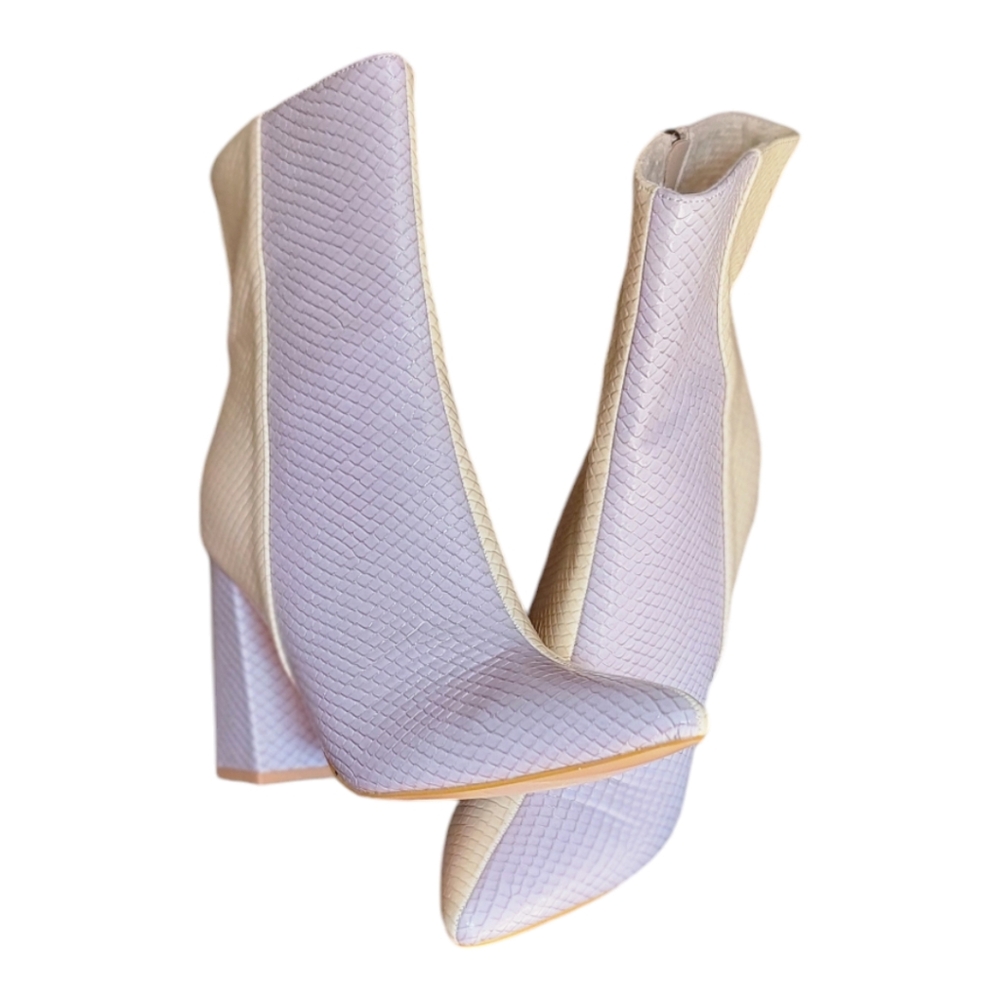 New Women Colorblock Pointy Toe Square Heeled Dress Boots - Picture 4 of 6